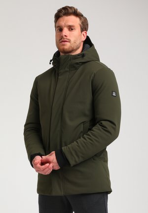 Green outdoor jacket with a hood, featuring a smooth texture, zippered front, and elastic cuffs. Includes a logo patch on the sleeve.