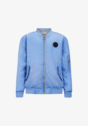 Helleblaue Bomberjacke aus Satin. Verfügt über einen Frontreißverschluss, gerippte Bündchen und ein rundes schwarzes Logopatch auf der Brust.