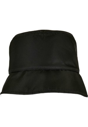 Pălărie neagră tip bucket, realizată dintr-un material neted. Prezintă o margine lată, rotunjită și o secțiune superioară strânsă. Design simplu și funcțional.
