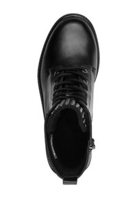 Bottine en cuir noir avec bout rond, lacets et col texturé. Dotée d'une fermeture éclair latérale pour un accès facile. Fini lisse et brillant.