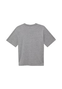 Grijze t-shirt met korte mouwen, gemaakt van katoen. Heeft een ronde halslijn en een onversierde rug met een recht afgesneden zoom. Zachte textuur.