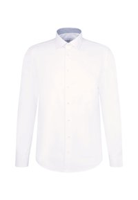 Witte langemouwen shirt van gladde stof, met een contrasterende blauwe patroon kraag en knoopsluiting aan de voorkant, voorzien van standaard manchetten.