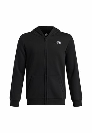 Black zip-up hoodie with front pockets, long sleeves, hood, and a small white Under Armour logo on the left chest.