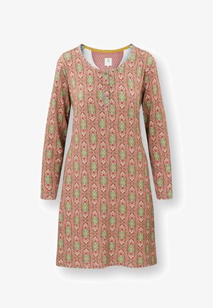 Long-sleeve pink dress with green and red floral geometric pattern, round neckline, and front button placket.