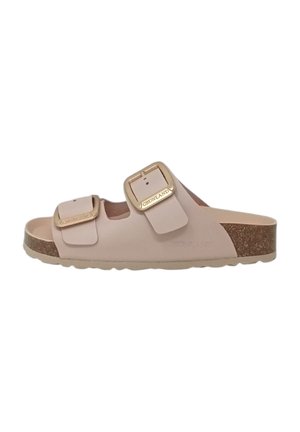 Sandalo beige aperto davanti con due cinturini regolabili con fibbie dorate e suola con zeppa in sughero.