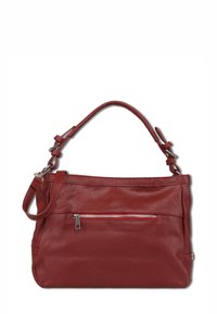 Rood, gestructureerde leren handtas met een ritsvak aan de voorkant. Voorzien van een verstelbare schouderriem en dubbele draaghandvatten.