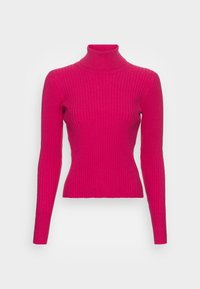 Dopasowany sweter z golfem w jaskrawym różowym kolorze, o prążkowanej teksturze, z długimi rękawami oraz dopasowanej sylwetce i wysokim kołnierzem.