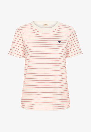 Īsām piedurknēm, ar apaļu kaklu T-krekls baltā audumā ar sarkanām horizontālām svītrām un mazu, uz kreisās puses izšūtu jūras zilā sirsniņu.