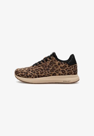 Leopard print sneaker with a suede upper, black laces, and a beige rubber sole. Features a textured design and cushioned heel area.
