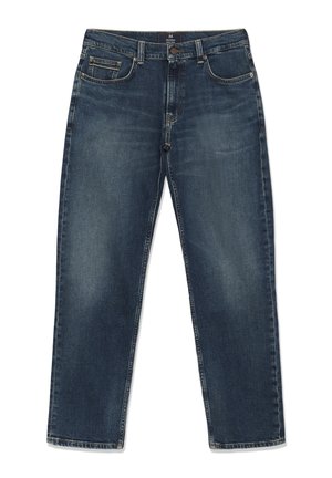 Sirged sinine denim teksad otse jalgadega, kulunud detailidega, esine nööp, lukuga ja viie taskuga disain.