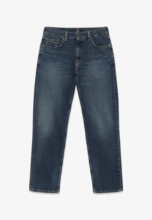 Džíny v tmavě modré barvě s rovnými nohavicemi, s vybledlými detaily, předním knoflíkem, zipem a designem s pěti kapsami.