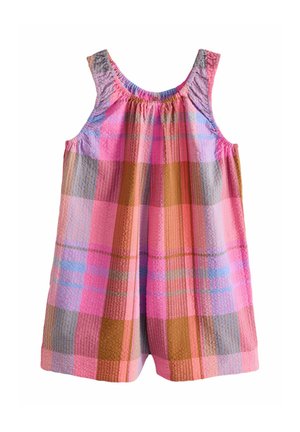 Ärmelloser Baby-Strampler mit karierter Musterung in Rosa, Braun, Blau und Lila, ausgestattet mit einem gerafften elastischen Ausschnitt und strukturiertem Stoff.