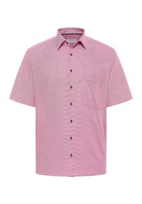 Korte mouwen overhemd met knopen in het roze met een fijne ruitpatroon, enkele borstzak en donkere knopen tegen de lichtere stof.