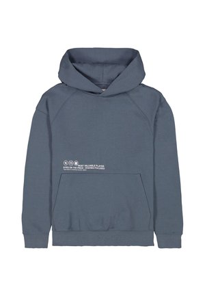 Donkerblauwe hoodie met buidelzak en witte tekst op de linkerborst: “Most Valuable Player, Eyes on the Prize, Staying Focused.”