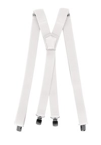 White elastic suspenders with a textured surface, V-shape design, and metal clips at the ends for fastening. Central connector is diamond-shaped.