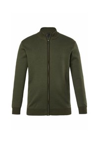 Jersey de punto verde oscuro con cremallera completa, con cuello, puños y dobladillo acanalados, exhibido sobre un fondo blanco.