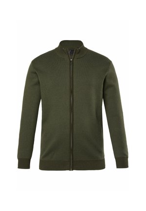 Jersey de punto verde oscuro con cremallera completa, con cuello, puños y dobladillo acanalados, exhibido sobre un fondo blanco.