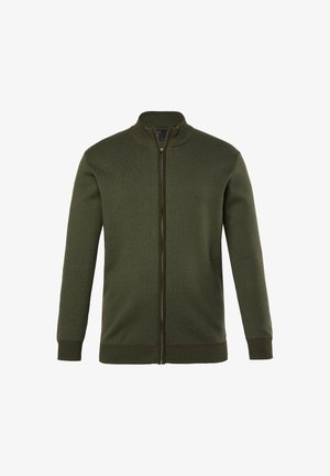 Tummanvihreä täyspitkä vetoketjullinen neulepusero, jossa on ribattua kaula-aukko, hihansuut ja helma, esillä valkoisella taustalla.