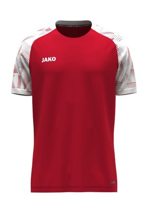 Rød sportsskjorte med korte ærmer, hvide mønstrede ærmer og JAKO-logo på brystet, vist på en hvid baggrund.