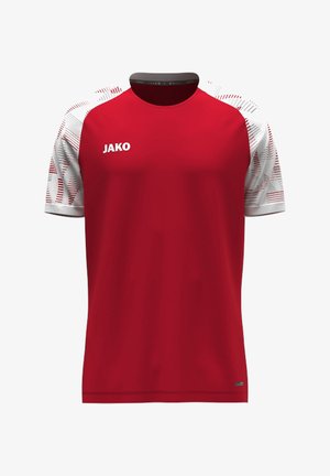 T-shirt de sport rouge à manches courtes avec manches blanches à motifs et logo JAKO sur la poitrine, présenté sur fond blanc.