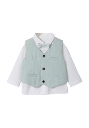 White long-sleeve shirt with light blue buttoned vest and matching bow tie, designed for a toddler or young child.