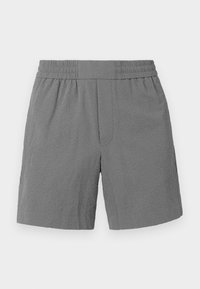 Gray shorts with an elastic waistband, textured fabric, and straight cut. Features two side pockets and a subtle, patterned design.