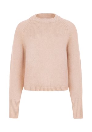 Lyserød strikket sweater med rund hals, ribstrikkede ærmegab og kant, der har en afslappet pasform og blød tekstur.