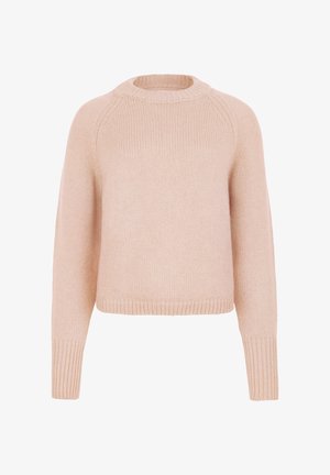 Hellrosa gestrickter Pullover mit Rundhalsausschnitt, gerippten Bündchen und Saum, mit lockerem Sitz und weicher Textur.