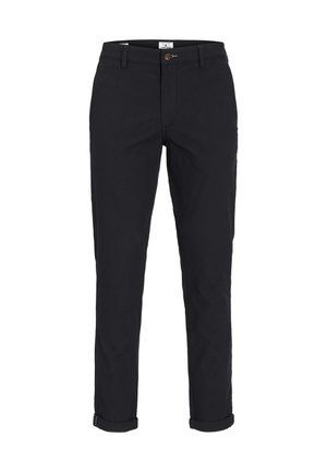 Schwarze Baumwollhosen mit geradem Schnitt, ausgestattet mit einem Knopfverschluss, aufgerollten Säumen und einer glatten Textur. Keine sichtbaren Muster oder Akzente.