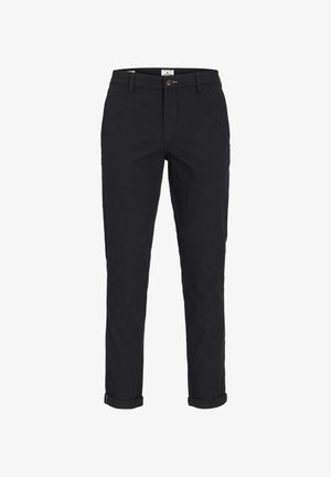 Zwarte katoenen broek met een rechte snit, voorzien van knoopsluiting, opgerolde manchetten en een soepele textuur. Geen zichtbare patronen of accenten.