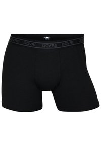 Sorte boxer briefs lavet af bomuld med en strækbar talje, der har teksten "DOVRE" i grå. Glat tekstur og tætsiddende design.