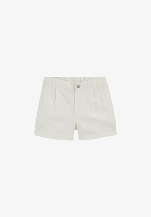 Bela otroška kratka hlača z elastičnim pasom, sprednjim zapenjanjem na gumbe in majhnimi gubami na vsaki strani.