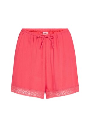 Shorts légers roses avec une taille élastique et un cordon de serrage. Présentent une finition en dentelle au bas et un tissu texturé.