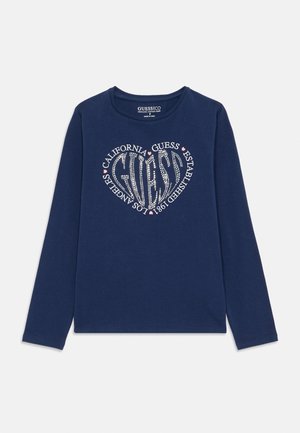 Navyblaues langärmeliges T-Shirt aus Baumwolle, mit einem herzförmigen Design aus Strasssteinen und dem Text "CALIFORNIA GUESS ESTABLISHED 1981".