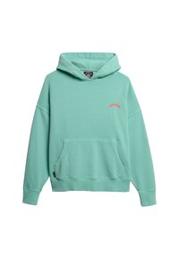 Mintgroene katoenen sweatshirt met een capuchon, voorzien van een voorzak en het "Superdry"-logo in rode geborduurde tekst op de borst.