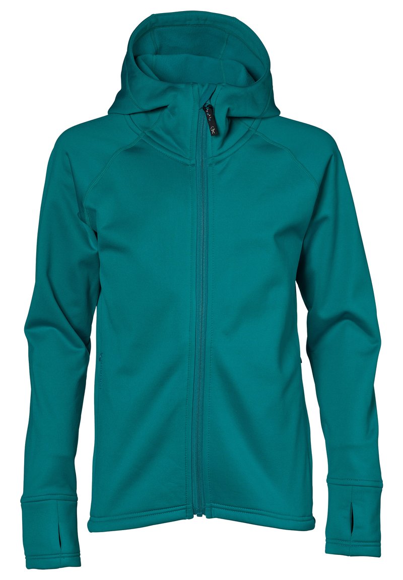 Teal zip-hættejakke lavet af blødt, strækbart materiale, med en tætsiddende hætte, sidelommer og tommelhuller i mansjetterne for en sikker pasform.
