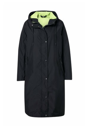 Manteau imperméable noir, longueur genoux avec capuche, rehaussé d'une doublure intérieure vert vif, doté de boutons-pression et de cordons ajustables.