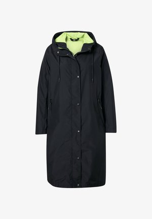 Musta, polvipituinen vedenpitävä takki hupulla, jossa on kirkkaan vihreä vuori, napit ja säädettävät kiristysnyörit.