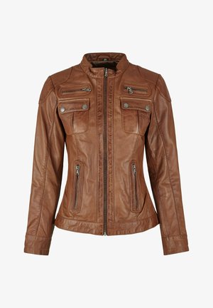 Bruine leren jas met een ritssluiting aan de voorkant, een staande kraag, twee borstzakken en twee zijzakken met rits. Gladde textuur met een subtiele glans.