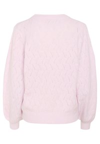 Pull en maille rose texturé avec une coupe décontractée, présentant un motif en vagues et des poignets et un ourlet côtelés. La vue arrière montre l'intégralité du design.