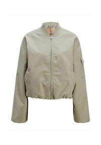 Korte bomberjack in lichtbeige, met een ritssluiting aan de voorkant, opstaande kraag en zijzakken met een gestructureerde stofafwerking. Elastische zoom.