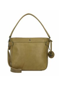 Sac à main en cuir tan avec une texture lisse, doté d'une seule sangle arrondie pour l'épaule, d'une sangle en bandoulière réglable et d'un charm en métal en forme d'ancre.