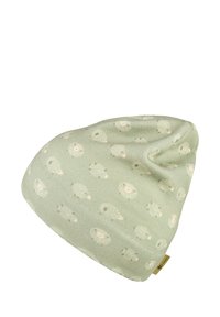 Light green beanie hat with a pattern of small white and beige sheep scattered across the fabric.
