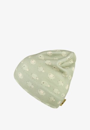 Light green beanie hat with a pattern of small white and beige sheep scattered across the fabric.