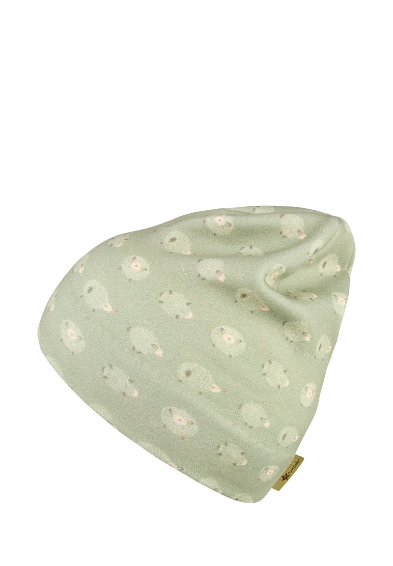 Light green beanie hat with a pattern of small white and beige sheep scattered across the fabric.