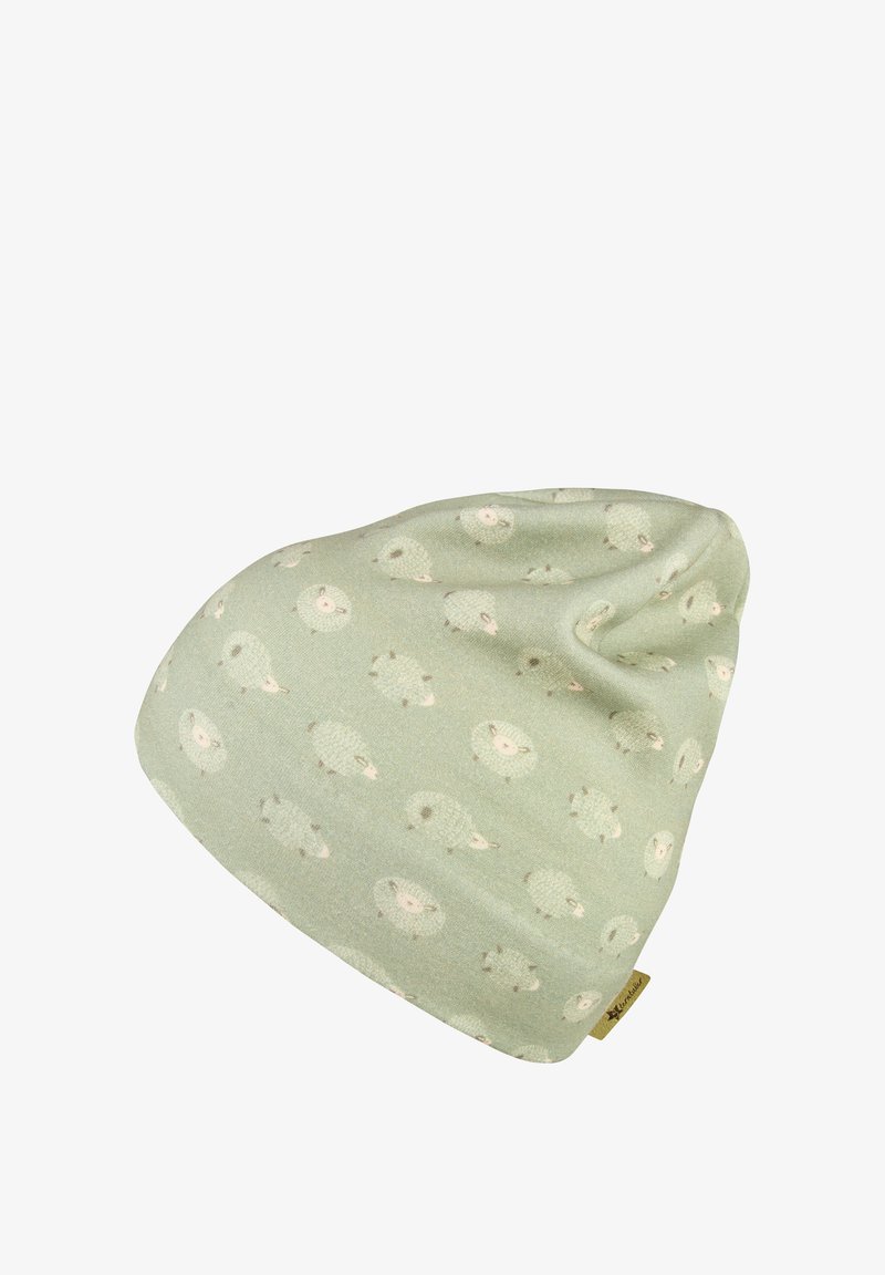 Light green beanie hat with a pattern of small white and beige sheep scattered across the fabric.