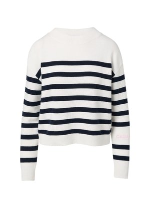 Gestreepte gebreide trui met witte en marineblauwe horizontale strepen, geribde halslijn en manchet, en een roze tekstaccent op de mouw.