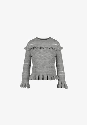 Suéter gris de punto con mangas largas, que presenta acentos con volantes en el cuello y los puños, patrones texturizados y un dobladillo acampanado.
