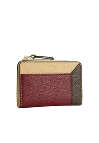 Portafoglio piccolo in pelle con cerniera, pannelli testurizzati in beige, bordeaux e marrone scuro, con cursore della cerniera dorato e nome del marchio in rilievo.