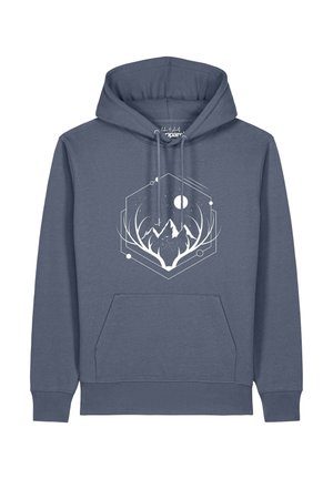 Blauer Kapuzenpullover mit weißem geometrischem Berg- und Geweihdesign unter einem Mond innerhalb eines Sechsecks auf der Brust, mit Fronttasche und Kordelzügen.